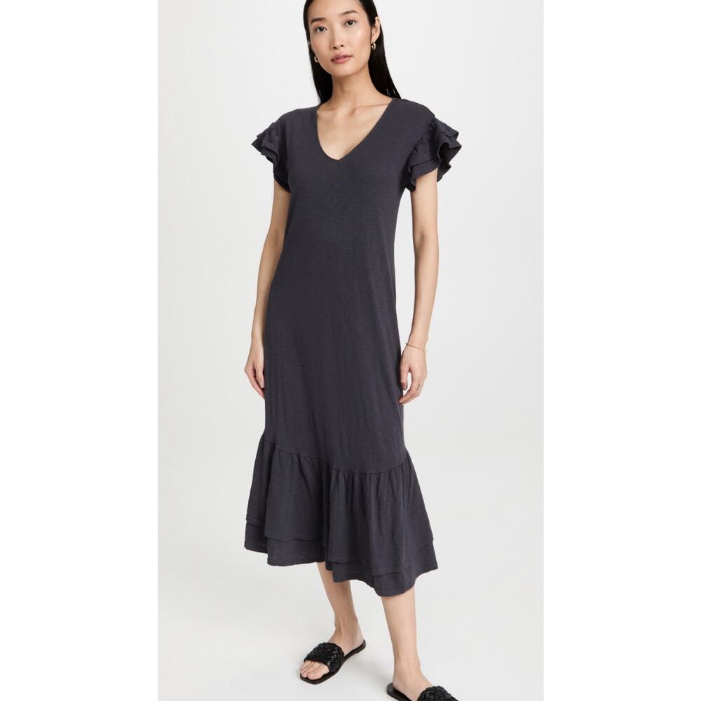 Z Supply Gray V-Neck Ruffle Sleeve Zella Cotton Slub Midi Dress Size L